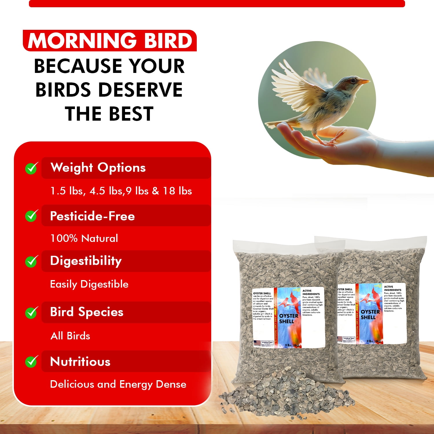 Morning Bird Oyster Shell for Birds 18 lbs (2-Pack, 9 lbs Each) - Natural Calcium Supplement – Sustainably Harvested From California Coast - Safe Year-Round Bird Food Additive