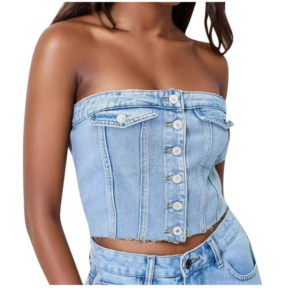 Timegard Tube Tops for Women Button Sleeveless Slim Stretchy Crop Jean Top Dressy Casual Denim Tops