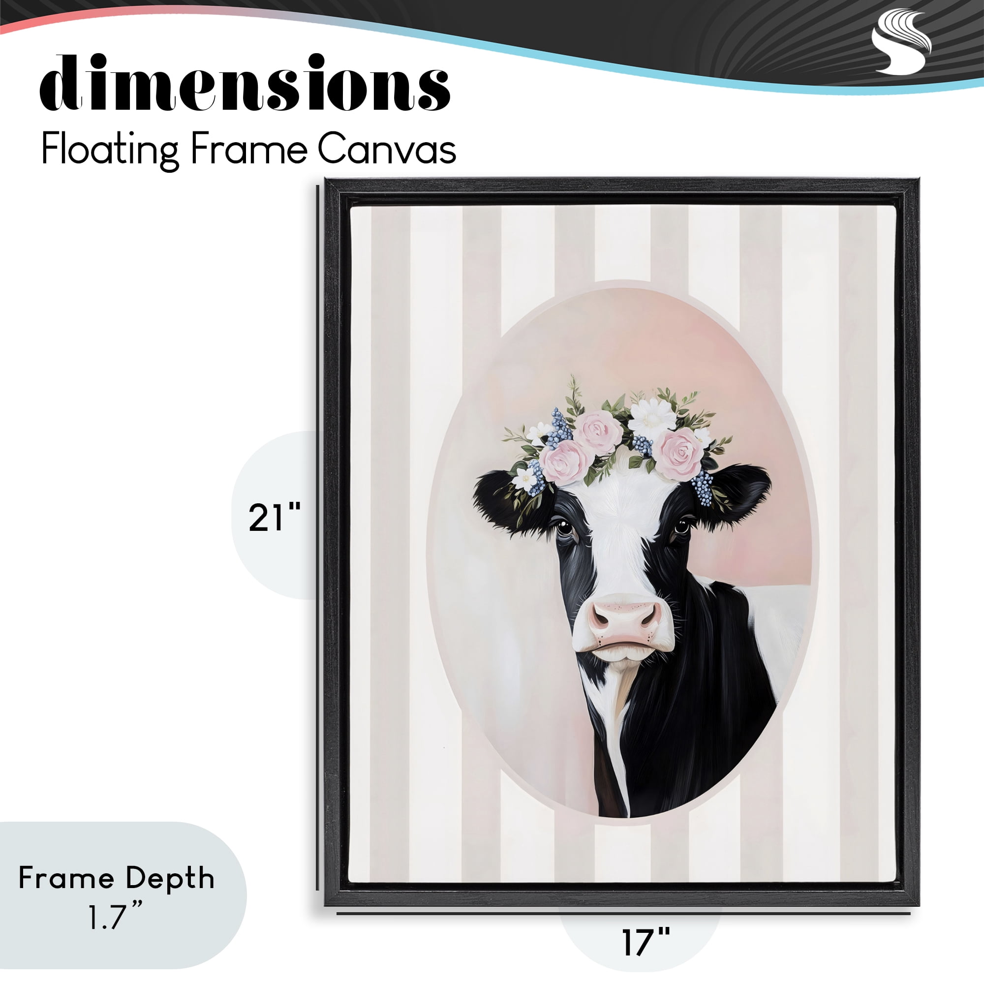 Stupell Industries Soft Cow with Floral Crown Black Framed Floater Canvas Wall Art, design by Arlington Prints
