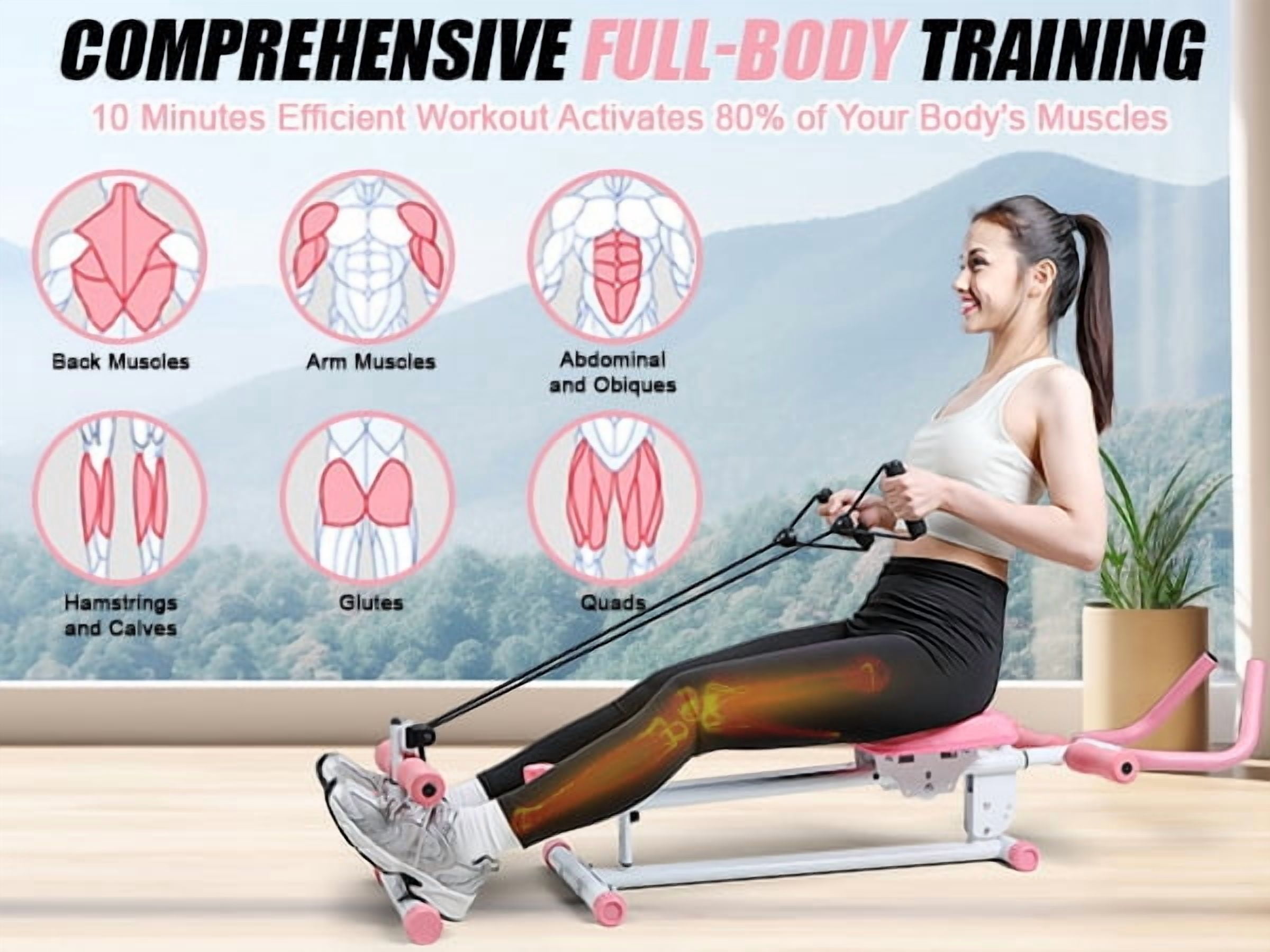 Korogimeeet 4-in-1 Rowing Machine, Ab Glider Roman Chair Leg Press, 120kg Bearing Capacity, Comfortable 3D Seat, Smooth Quiet Slide Rail, 53 x 14 x 13 Inch