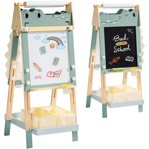 Robud Kids Art Easel, 3-in-1 Adjustable Height Magnetic Whiteboard, Chalkboard & Paper Roller with Storage Bins for Ages 3-12 Years