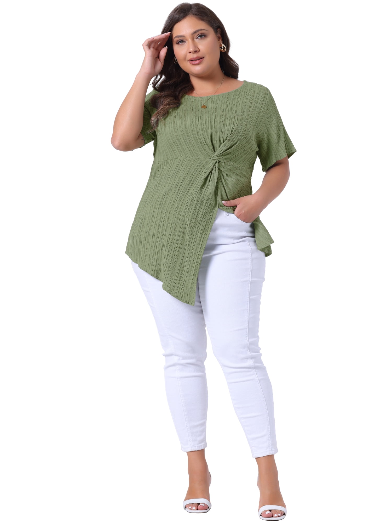 DARING DIVA Women's Plus Round Neck Asymmetrical Hem Twist Knot Top 3X Grass Green