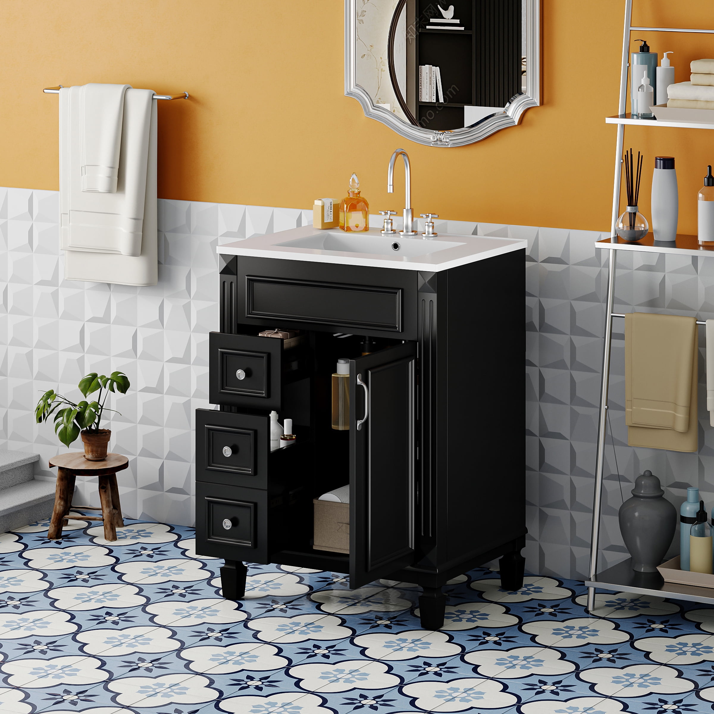 Euroco 24" Bathroom Vanity with Ceramic Sink, Small Bathroom Sink Cabinet, Modern Cabinet with 2 Drawers and Adjustable Shelf