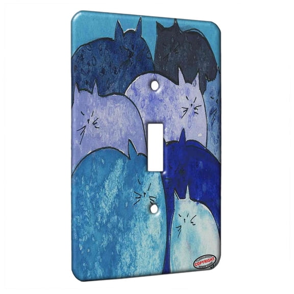 KuzmarK™ Single Gang Toggle Switch Wall Plate - Blue Meatloaf Kitties Abstract Cat Art by Denise Every
