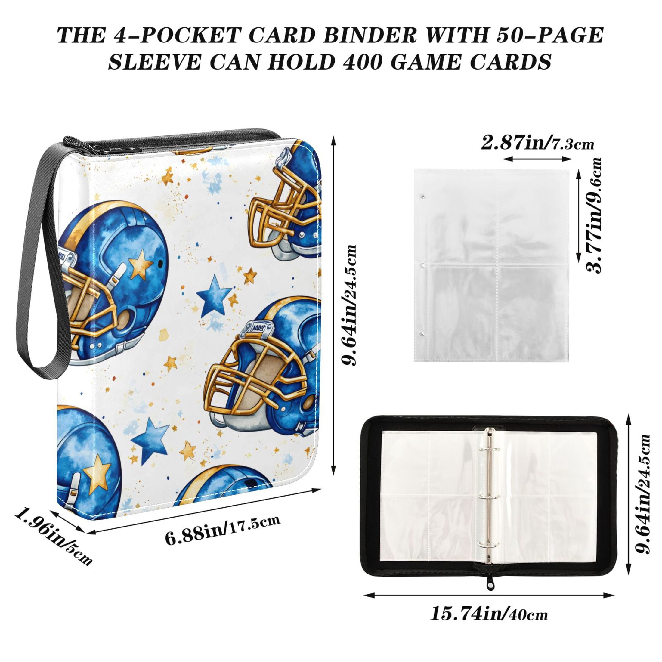 Trading Card Binder Album 400 Pockets 50 Removable 4-Pocket Pages Waterproof Football Helmet with Star
