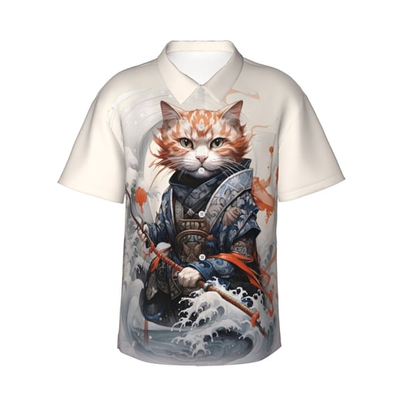 Men's Casual Button Down Short Sleeve Hawaiian Shirts,Cute Samurai Cat Shirts Regular Fit Beach Dress Shirts with Front Pocket,XL