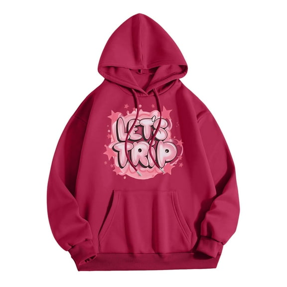 Wang6 Graphic Hoodies for Women Trendy"Let Is Trip"Letter Printed Pullovers Sweatshirts Causal Long Sleeve V neck Loose Fit Tops with Pocket Wine XL