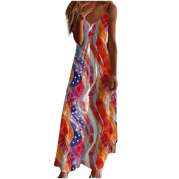 ibuvkizy Womens 4th of July Maxi Dresses Casual Red White Blue Dress Stars Graphic Sleeveless Dresses Trendy Independence Day V Neck Summer Dresses for Women 2025 Red L