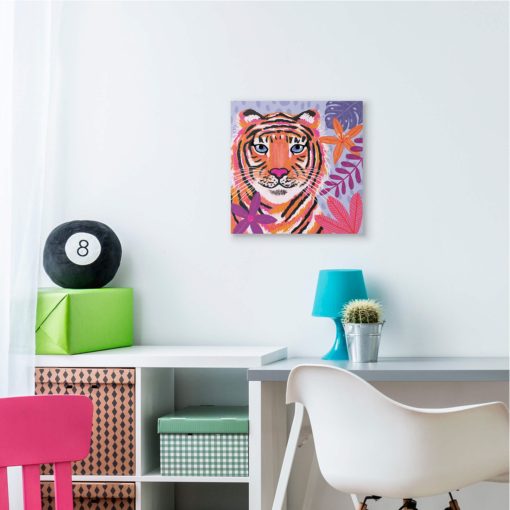 Playful Jungle Tiger Portrait Pink Purple Florals Animals & Insects Gallery-Wrapped Canvas Print Wall Art, 17x17