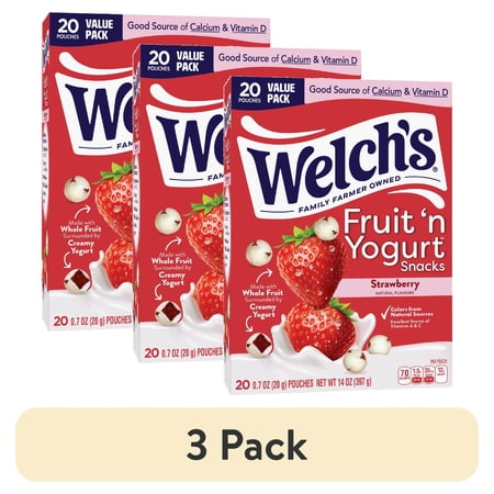 (3 pack) Welch's Fruit 'N Yogurt Strawberry Soft Fruit Snacks, .7 oz, 20 Count