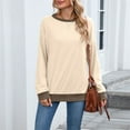 thumbnail image 5 of ManxiVoo Women's Crew Neck Long Sleeve Loose Fit Top Color Trim Detail Soft Comfortable Sweatshirt Alternative Casual Chic Style L Size Beige, 5 of 9