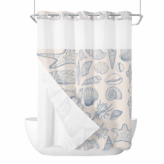Blue Shell Coastal No Hook Shower Curtain with Snap in Liner, Waterproof Fabric Shower Curtains, Nautical Seaside Ocean Summer Beach Shower Curtain Set Top See Through for Bathroom 48"x72"