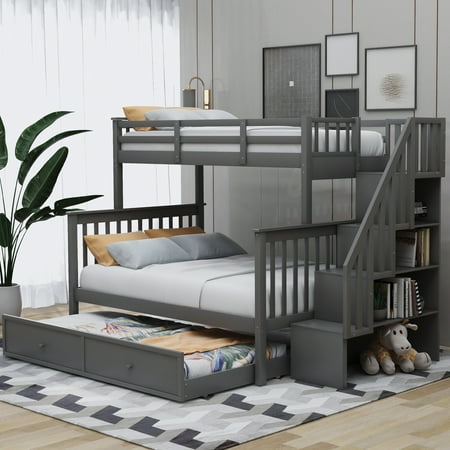 Gray Stairway Twin-Over-Full Bunk Bed with Twin Size Trundle, Storage and Guard Rail