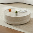 thumbnail image 2 of 39.37''  Round Coffee Table with Marble Texture, Modern Low Drum Circle Fiberglass Coffee Table, Side Table Accent Table for Living Room, Outdoor, No Need Assembly, Marble, 2 of 6