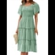 thumbnail image 3 of Vestido Midi Informal de Verano para Mujer, con Mangas Abullonadas, Cuello Cuadrado y Fruncido Verde M, 3 of 9