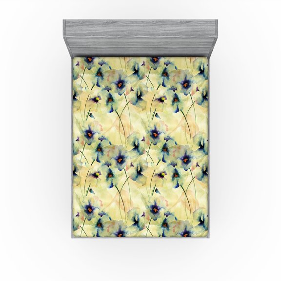 Ambesonne Vintage Floral Fitted Sheet, Flowers Dreamy Hues, California King, Avocado Green Purple