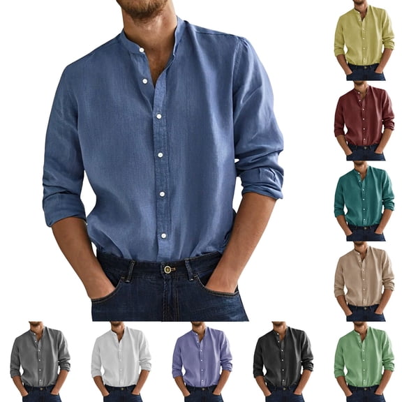 Men’s Long Sleeve Cotton Linen Shirt Stand Up Collar Breathable Casual Top