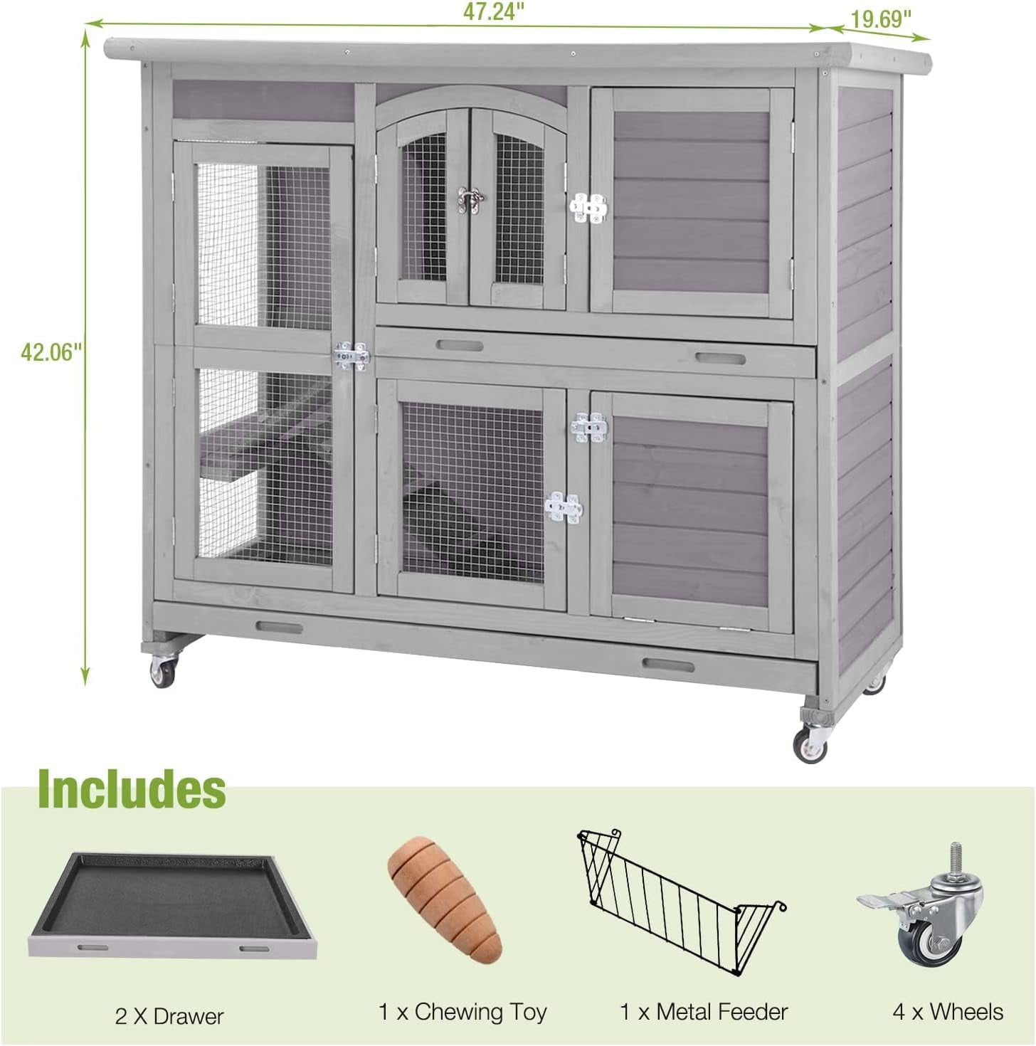 MEDEHOO Guinea Pig Cage 2 Story Indoor Rabbit Hutch Outdoor Bunny House with Wheels and Leakproof Tray