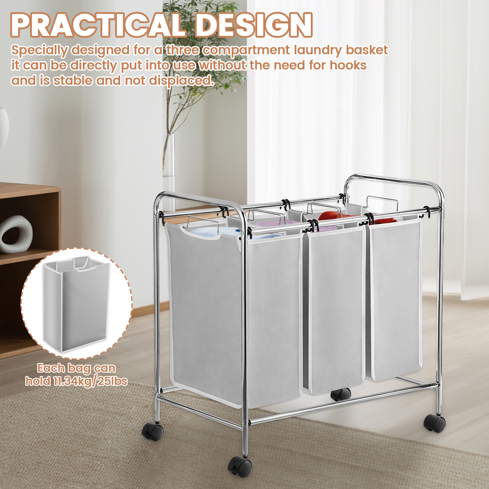 HKJUNFEI 3Pcs  Laundry Hamper Cart Large Capacity Replacement Bags High Load Bearing Capacity Removable Replacement Bag 15 x 9 x 22 Inch