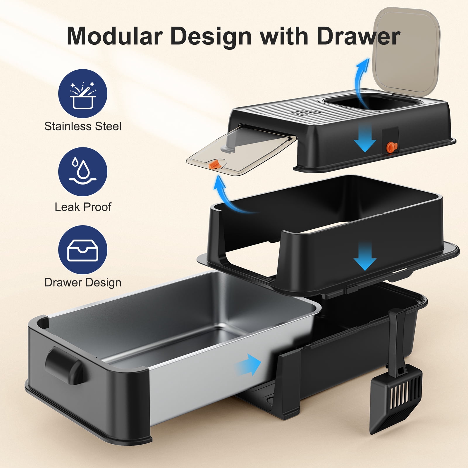 Stainless Steel Cat Litter Box with Lid, Foldable Enclosed Litter Box, Extra Large Metal Litter Box with Scoop and Mat, 24"*16.1"*16.1", Black