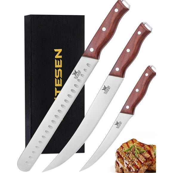 Naitesen Ensemble de Couteaux de Boucher Professionnels 3 Pcs, Couteau de Découpe de Bœuf en Poignée en Bois de Rose Haute Teneur en Carbone pour Couper la Viande Cuisine Maison, Cadeaux pour Hommes Femmes