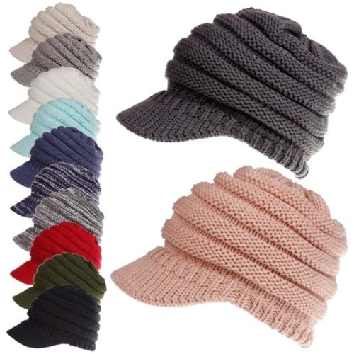 Women's Girls Messy High Bun Ponytail Stretchy Knit Beanie Skull Winter Warm Hat 