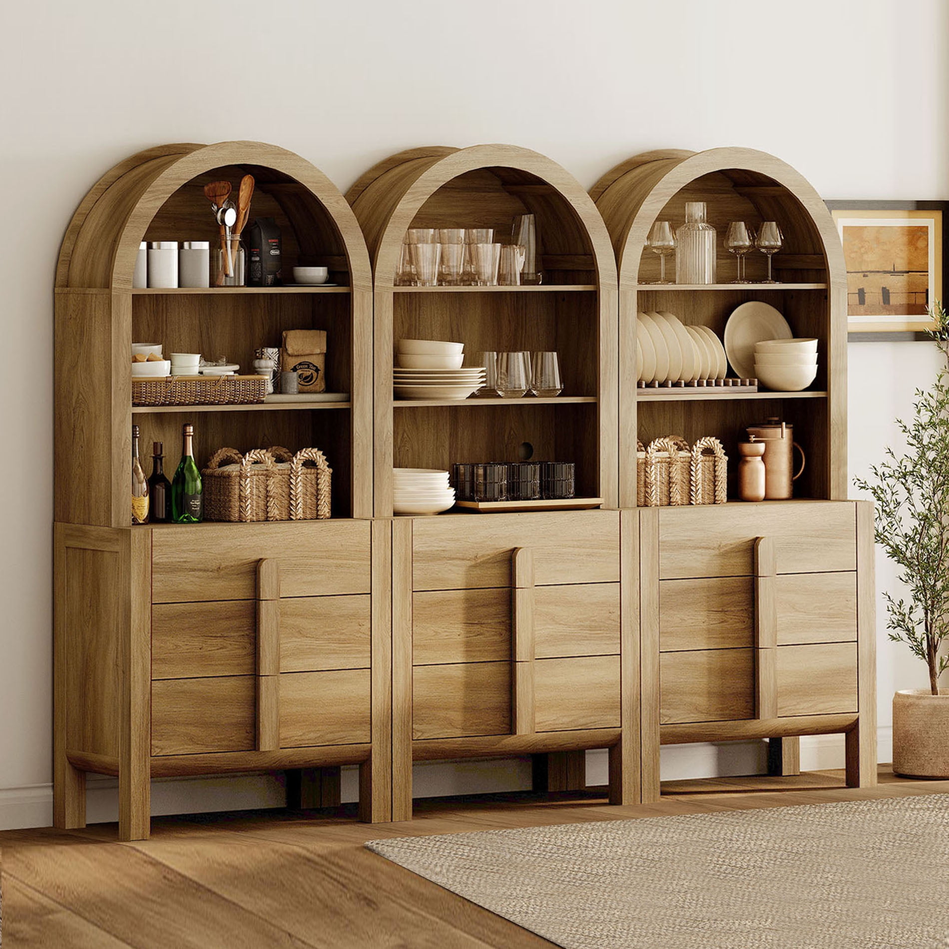 Mid-Century Modern 94.5" Sideboard Buffet Cabinet with Storage, 3-In-1 Wood Credenza with 9 Drawers and Shelves for Kitchen Living Room, Dining Room
