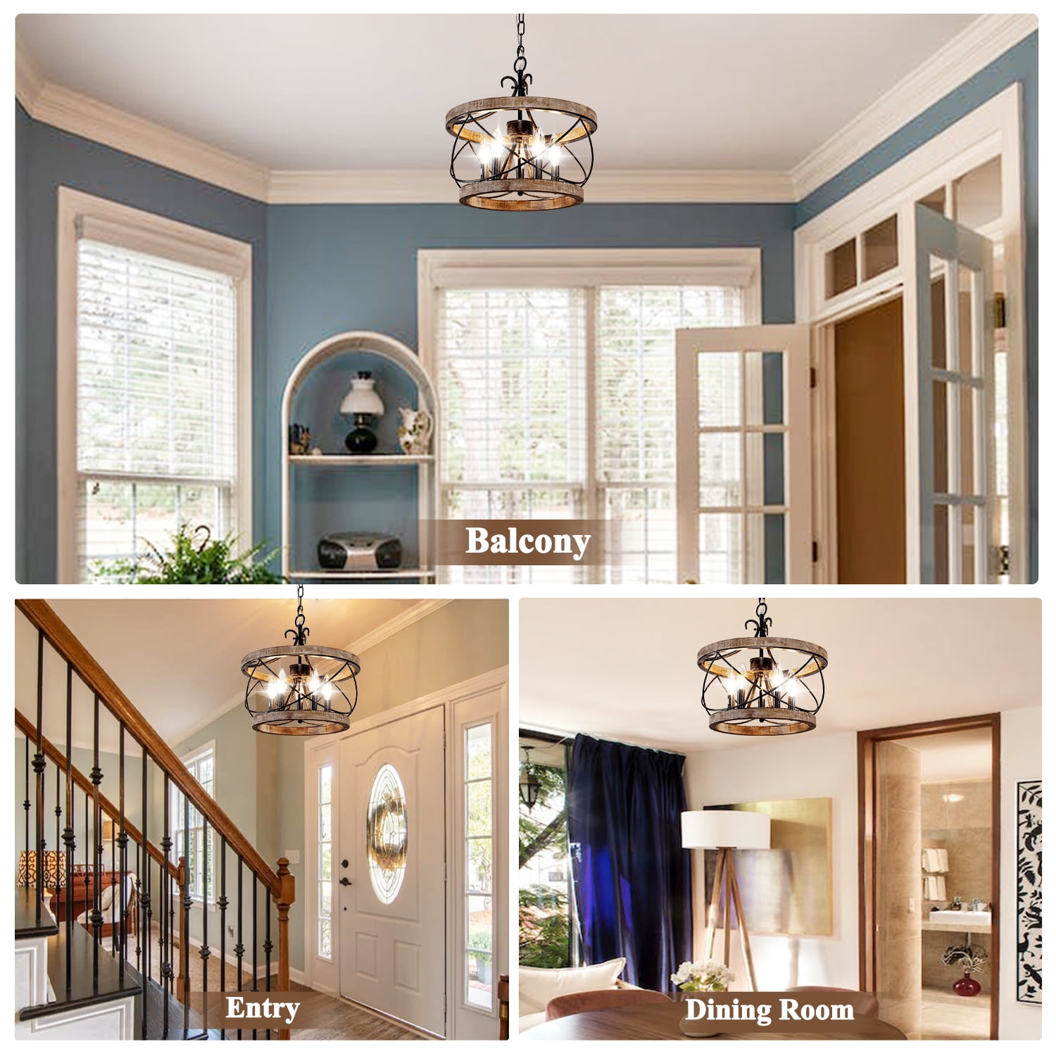 Oaks Aura 5-Light Wood Farmhouse Drum Chandelier Dining Room Adjustable Height Pendant Lighting
