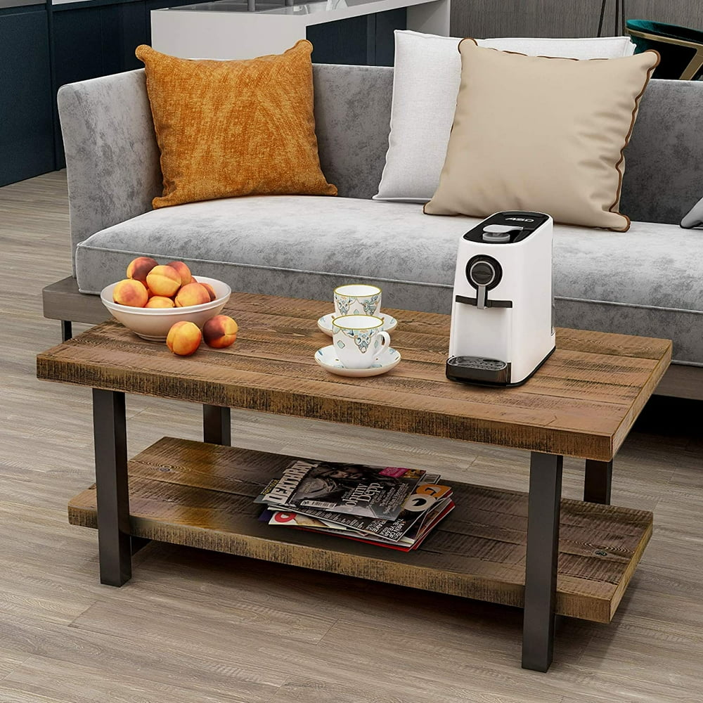 Coffee Table Rustic Style Solid Wood+MDF and Iron Frame Rectangle