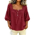 thumbnail image 3 of Women's Loose Fit French Collar Plaid Long Sleeve Shirts Blouse Comfy Breathable Cute Trendy Outfits Casual Daily Wear Summer Vacation | CSEONE,Wine XL, 3 of 6