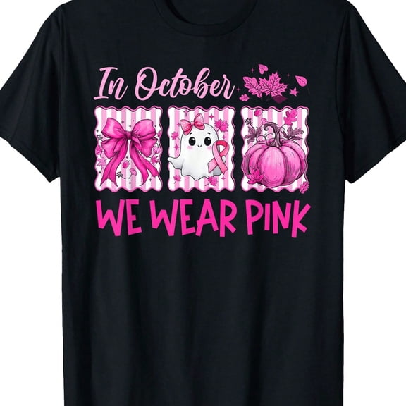 In October We Wear Pink Graphic T-Shirt for Women, Breast Cancer Awareness Halloween Tee, Pink Ribbon Ghost Pumpkin Graphic Shirt, Casual Crew Neck Short Sleeve Fall Support Top