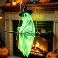 thumbnail image 3 of Aurorax Early Halloween Decorations Outdoor,Hanging Ghost Decor,Flying Ghost on Broomstick with Witch Hat 5ft Remote Control Light-Up Spooky Cute for Front Porch Yard Tree Green, 3 of 6