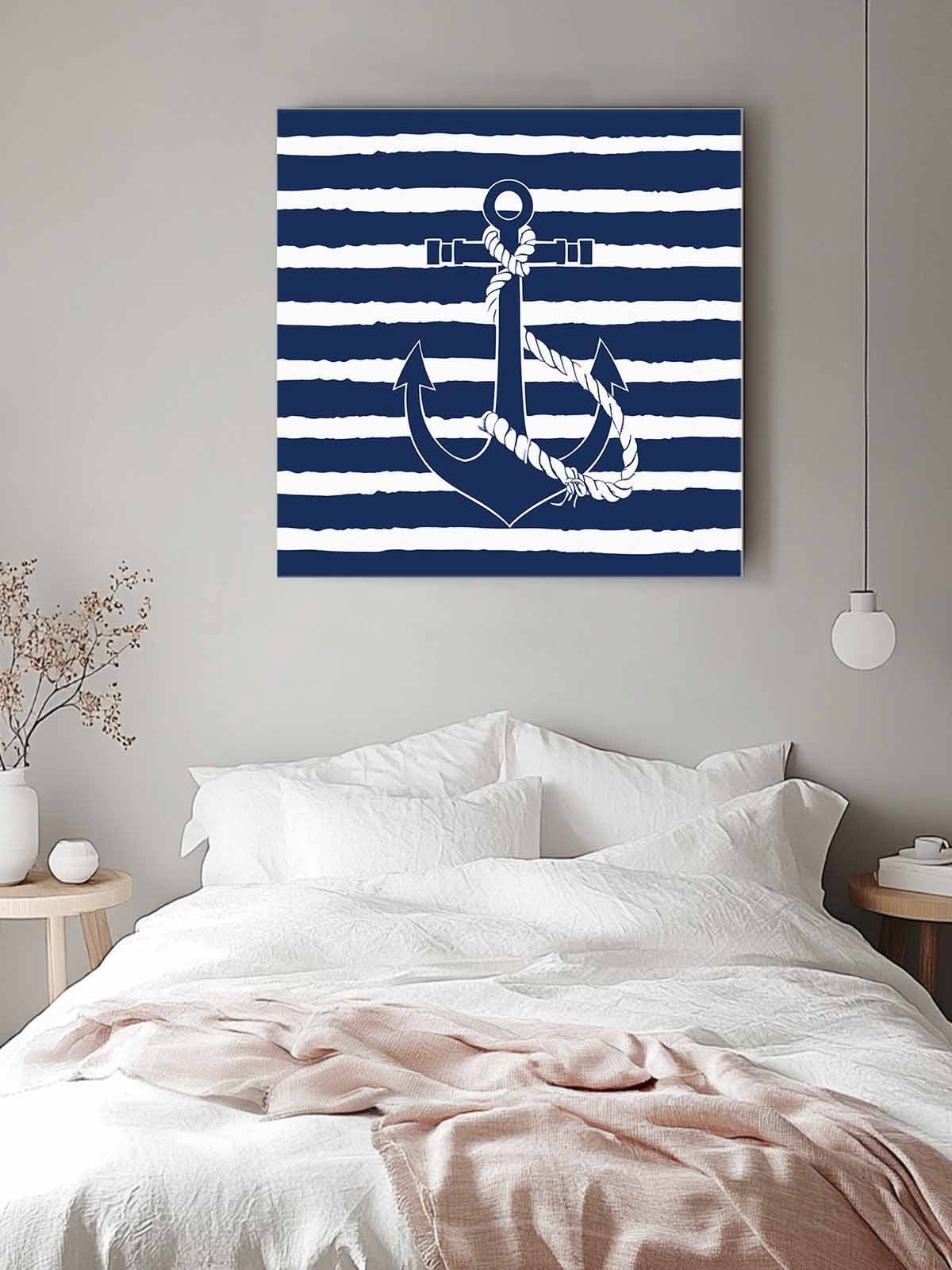 Nautical Canvas Wall Art, Navy Blue and White Striped Retro Anchor Framed Wall Decor Modern Artwork Prints Painting for Living Room, Bedroom, Kitchen & Cafe Decor 12x12 Inch