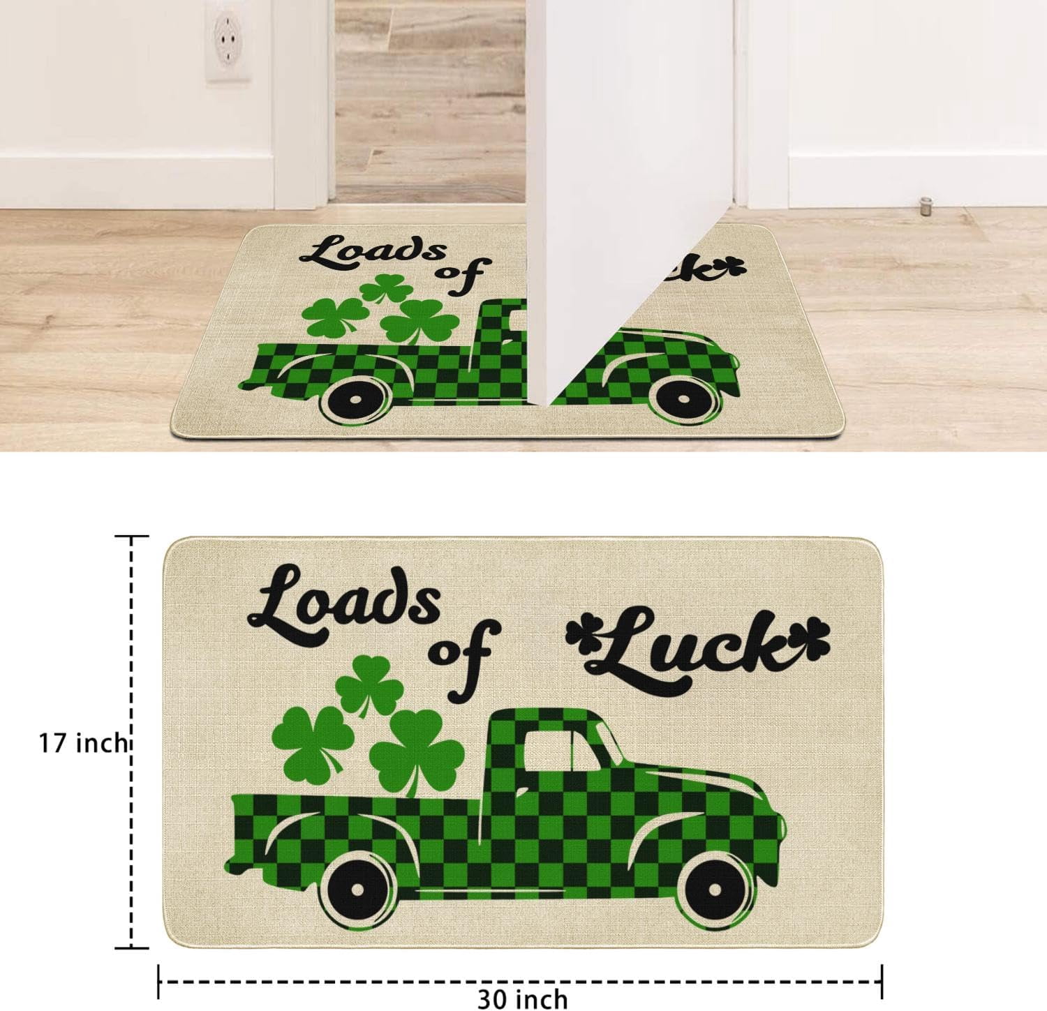Linen Loads of Luck Door Mat St.Patrick''s Day Rug Indoor and Outdoor Front Entrance Doormat Home Decor Heavy Rubber Backing for Non Slip, 30" X 17"