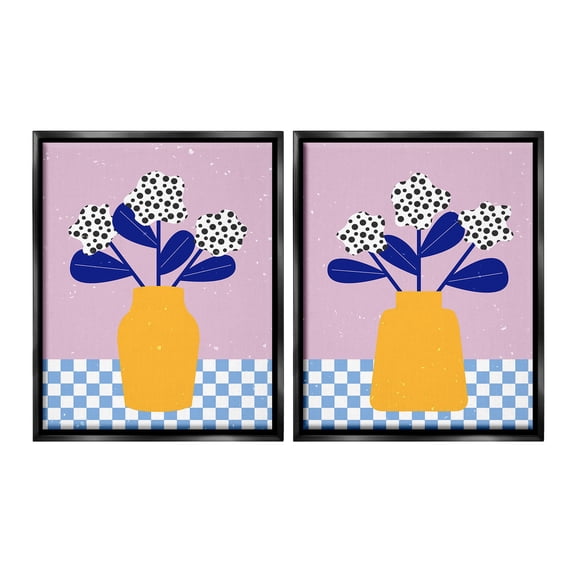 Stupell Industries Patterned Flowers in Vases Botanical & Floral Painting Black Floater Framed Canvas Art Print Wall Art, 17 x 21, Set of 2