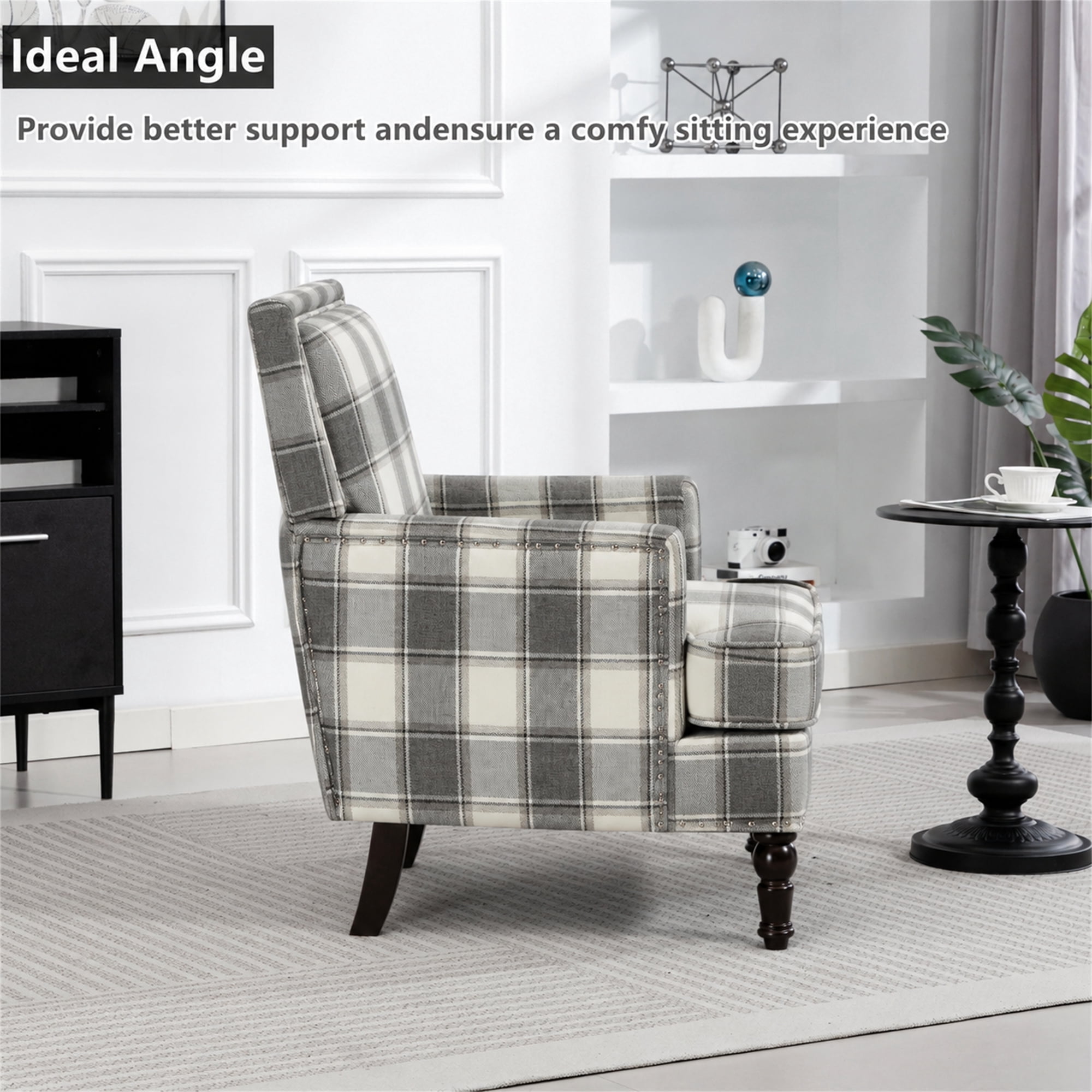 Aukfa Vintage Accent Chair Mid-Century Modern High Back Armchair for Living Room, Nailhead Trim, Antique Grey