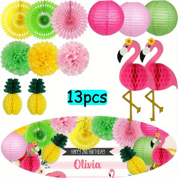 [Home Supplies][Halloween Decor Gifts] 13 Pcs Flamingo Party Supplies, Hawaiian Party Decorations Flamingo and Pineapple Honeycomb Ball Paper Lanterns Paper Fans Pom poms Flowers for Birthday