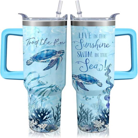 40oz Sea Turtle Tumbler with Handle and Straw, Animal Lovers Gifts for Women Men, Stainless Steel Travel Mug Water Bottle, Vacuum Insulated Cup with Lid