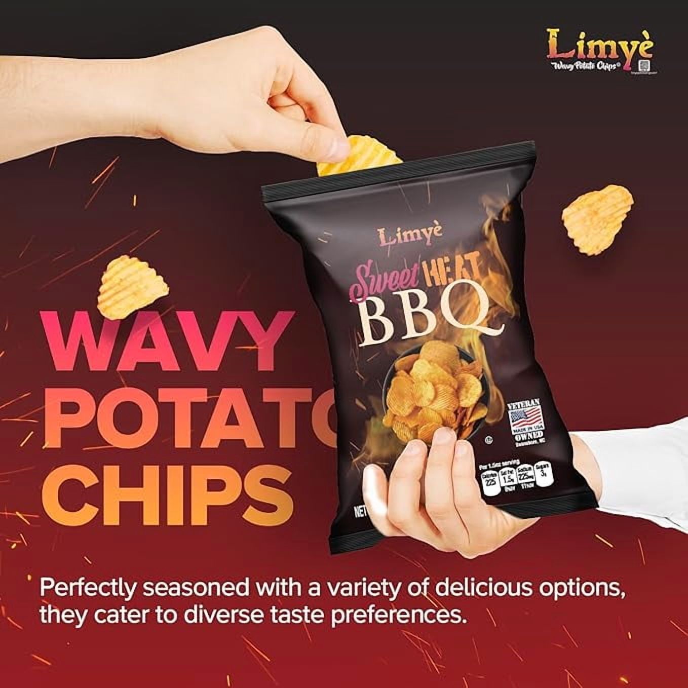 Limyè Sweet Heat BBQ Flavored Potato Chips - Certified Kosher & Allergen-Free - Vegan potato chips, Sweet Heat BBQ Flavor, 1.5 oz, Pack of 24