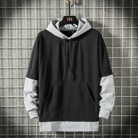 KeShDi Hooded Sweatshirt Men Y2k Hoodie Men Men's Solid Color Spliced Long Sleeved Hooded Drawstring Sweatshirt Top Black 2X