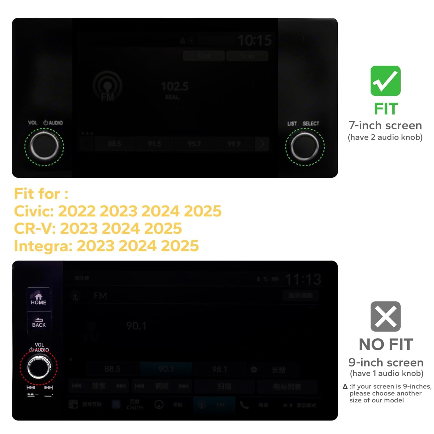 chasenew for Honda Civic 2022-2026 Accessories, CRV 2023-2026 & Acura Ingetra 2023-2025 (Fit 7" Screen/ 1 Audio Knob), 10pcs Knob Cover Kit - Push Start, Audio, AC & Air Vent (Gold)