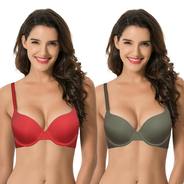 Curve Muse Women's Light Lift Add 1 Cup Push Up Underwire Convertible  Tshirt Bra-2PK-RED,GREEN-44B 