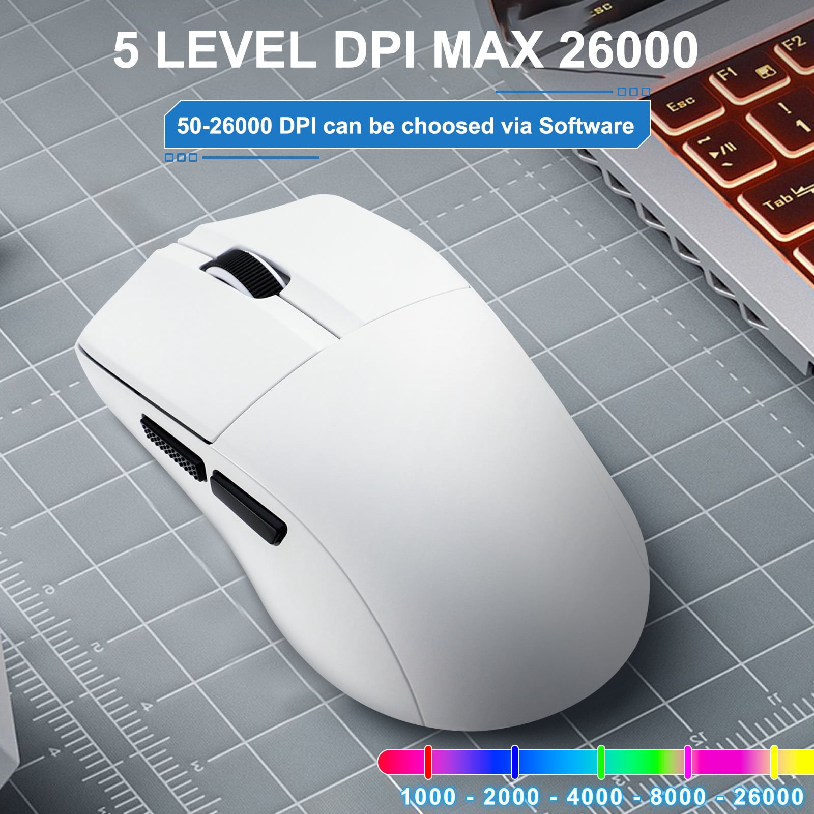 E-YOOSO Wireless Gaming Mouse, 49g Superlight, PAW3395 Sensor 26,000 DPI, 2.4G/Bluetooth 5.1/Wired, 5 Programmable Buttons, 150 Hr Battery, Software Support for PC, Mac, White