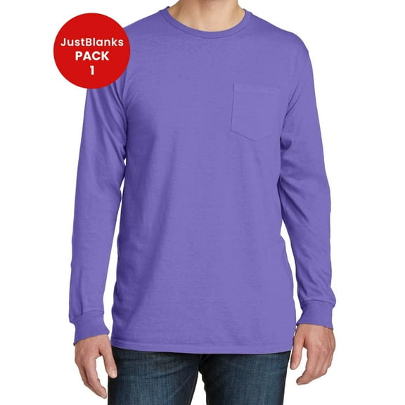 JustBlanks Garment Dyed Long Sleeve Pocket 100 Ring Spun Cotton Crew Neck T Shirt