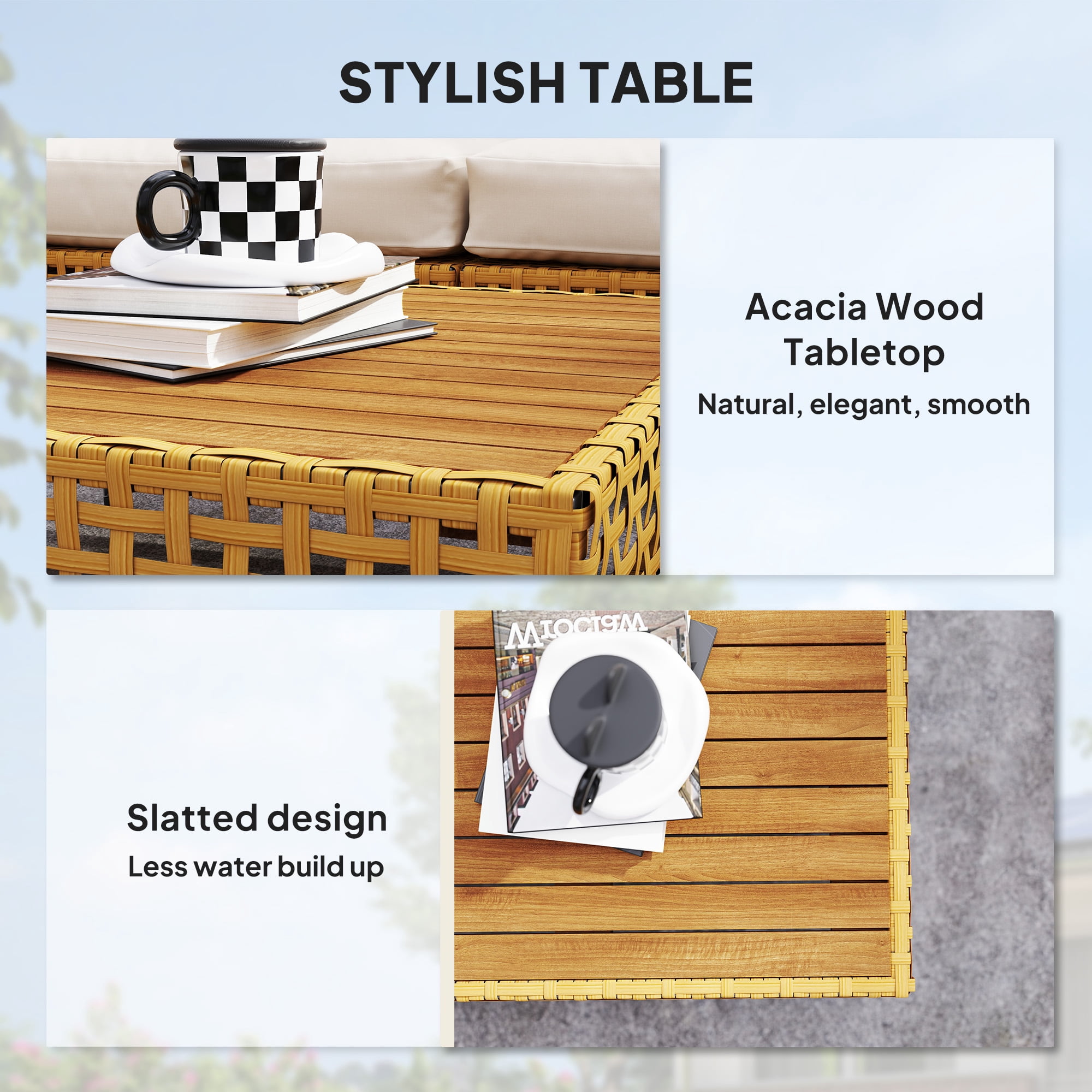 Outsunny 7 Piece Wicker Patio Furniture Set, Modular Outdoor Sectional Conversation Set with Thickened Cushions, Acacia Wood Table, Khaki/Beige