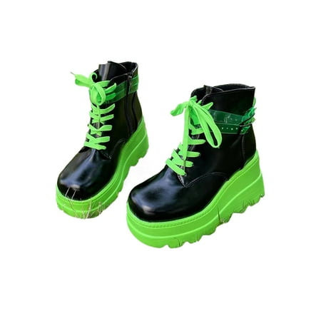 

Crocowalk Women Comfort Lace Up Combat Boot Work Breathable Booties Mid Top Punk Shoes Black Green 9