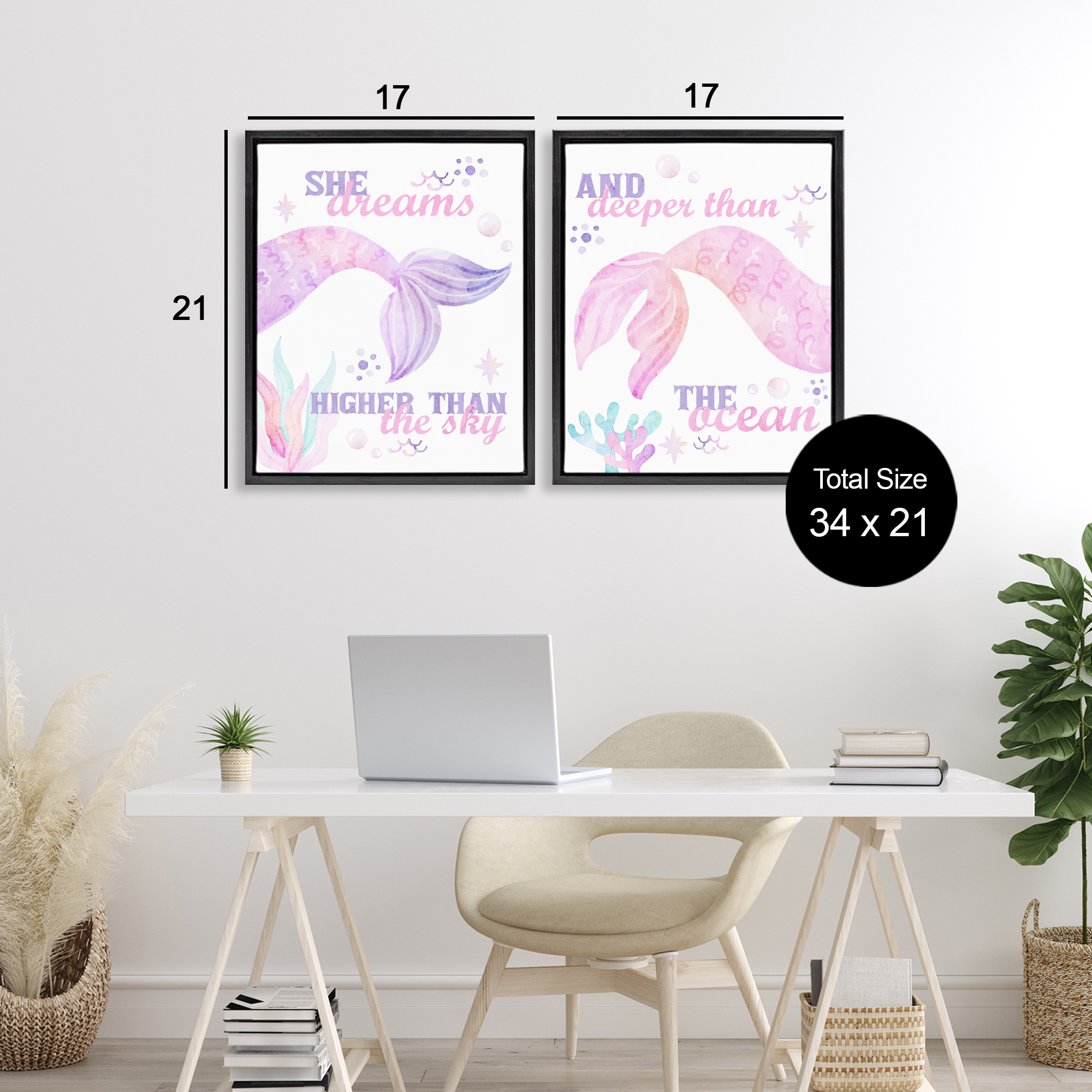 Mermaid Dreams Ocean & Sky 2 Piece Black Framed Floater Canvas Set, design by Kim Allen