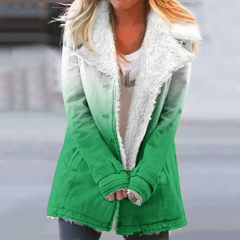 Fanxing Teen Girls Fall Winter Fuzzy Fleece Jacket Sherpa Lined Pea Coat Pure Color Button Down Trench Coats Outerwear with Pockets Green M