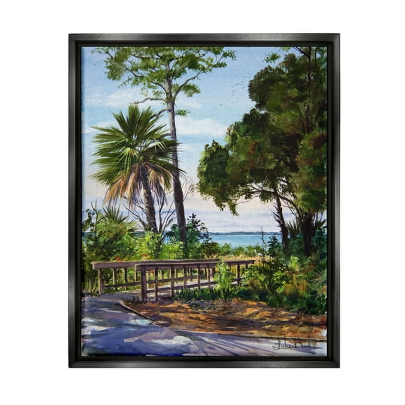 Stupell Industries Tropical Boardwalk Landscape Nature Painting Black Floater Framed Art Print Wall Art, 17 x 21