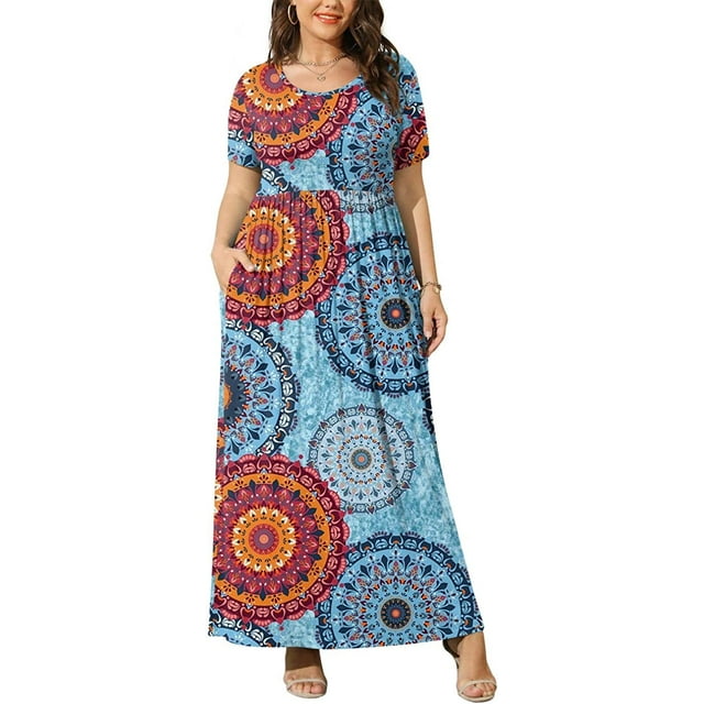 JuneFish Women's Summer Plus Size 2X to 6X Maxi Loose Dress with ...